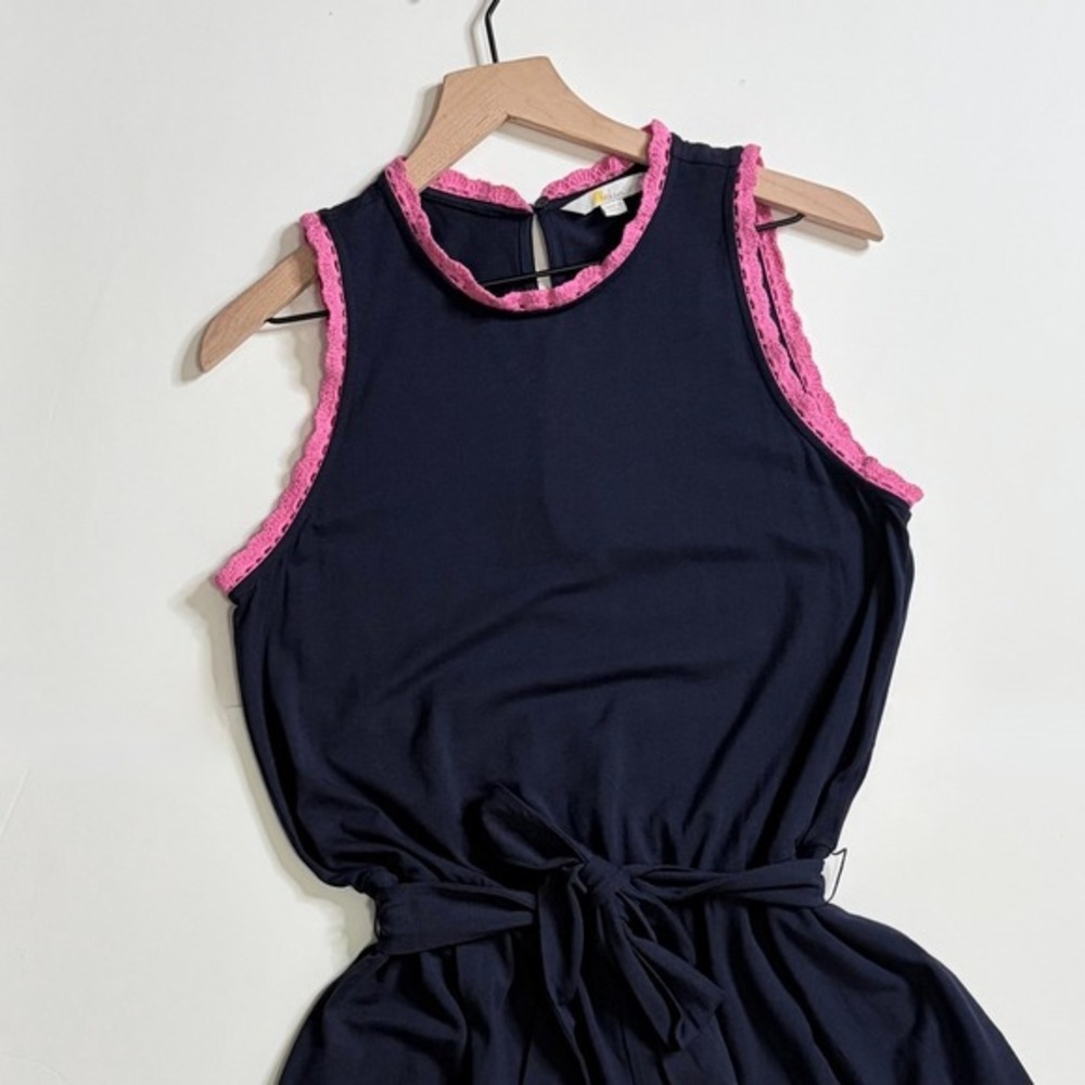 BODEN Caitlin Jersey Knit Romper Playsuit Crochet Trims Navy Blue Pink 8 Tall - Picture 4 of 16